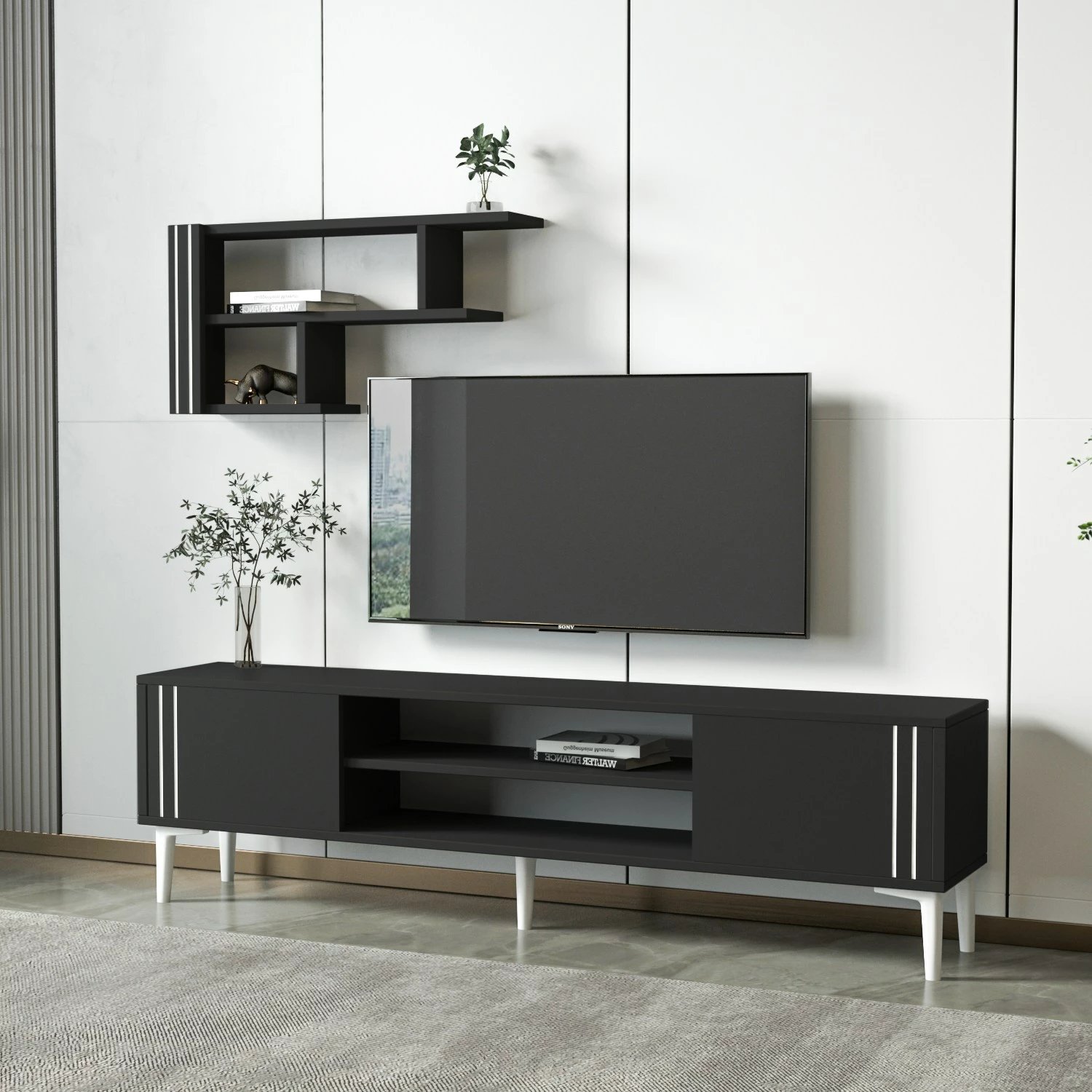 Set TV Skye Decor, ngjyrë antracit, me raft muri