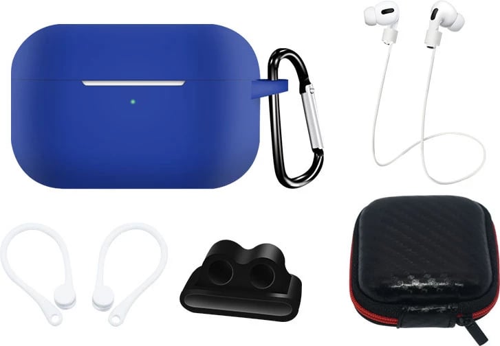 Set mbështjellës silikoni për AirPods Pro 2/1 Hurtel, me karabiner, rrip qafe, mbajtëse për orë, blu