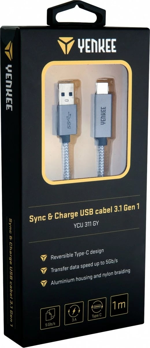 Kabllo USB YENKEE YCU 331GY, USB A 3.1 në USB C 3.1, 1m, Gri