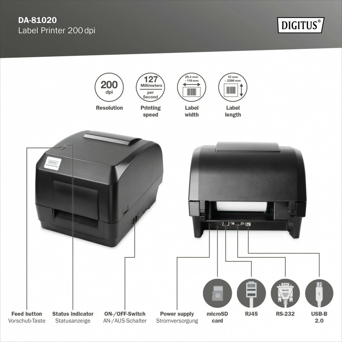 Printer etiketa Digitus DA-81020, termik/termik-transfer, 200 DPI, USB, RS-232, Ethernet, i zi