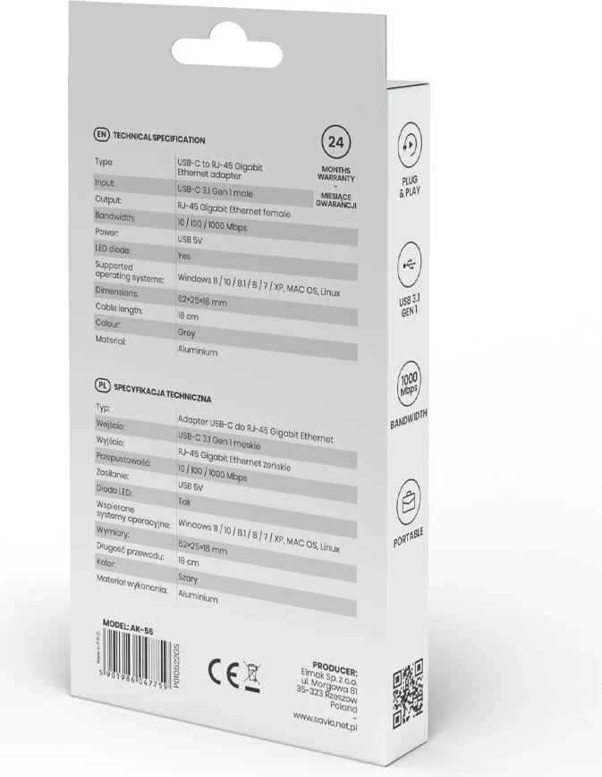Adapter SAVIO USB-C në RJ-45 Gigabit Ethernet, AK-56, gri