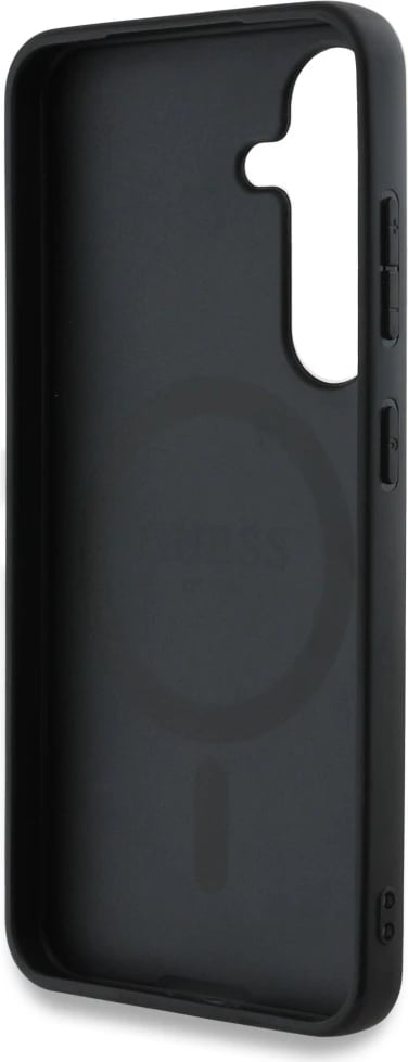 Mbështjellës Guess Grained Hot Stamp Peony Pattern Triangle Logo MagSafe për Samsung Galaxy S25, i zi
