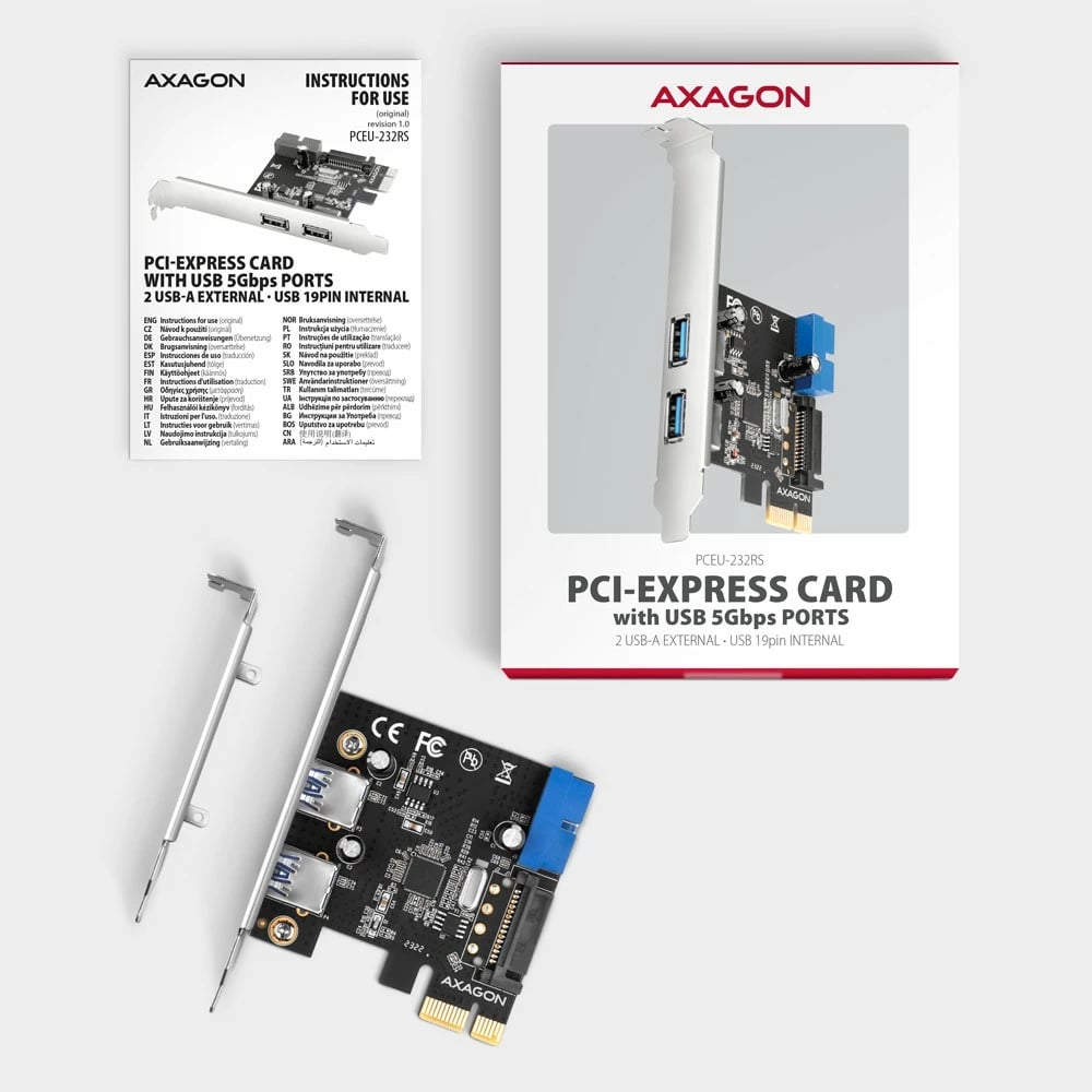 Kartë zgjerimi AXAGON PCEU-232RS, 4x USB 3.2 Gen 1, PCIe, me furnizim SATA, e zezë