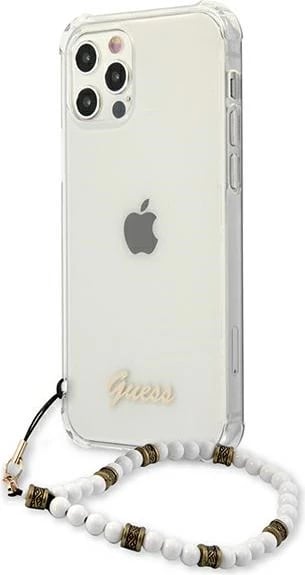 Mbështjellës Guess GUHCP12MKPSWH për iPhone 12/12 Pro 6.1", transparent me varëse perlë
