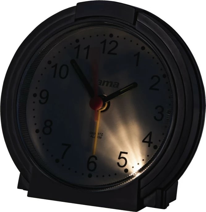 Orë alarmi analoge, Hama, 186335, mekanizëm i qetë me sekondar rrëshqitës, ekran i bardhë, bateri AA, e zezë