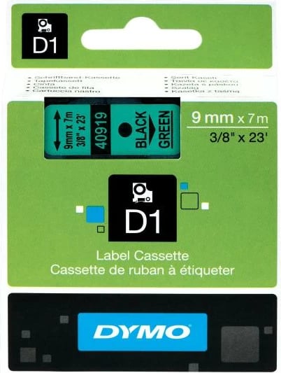 Shirit etiketimi, Dymo, D1 40919 (S0720740), 9mm x 7m, poliester, zi/jeshile