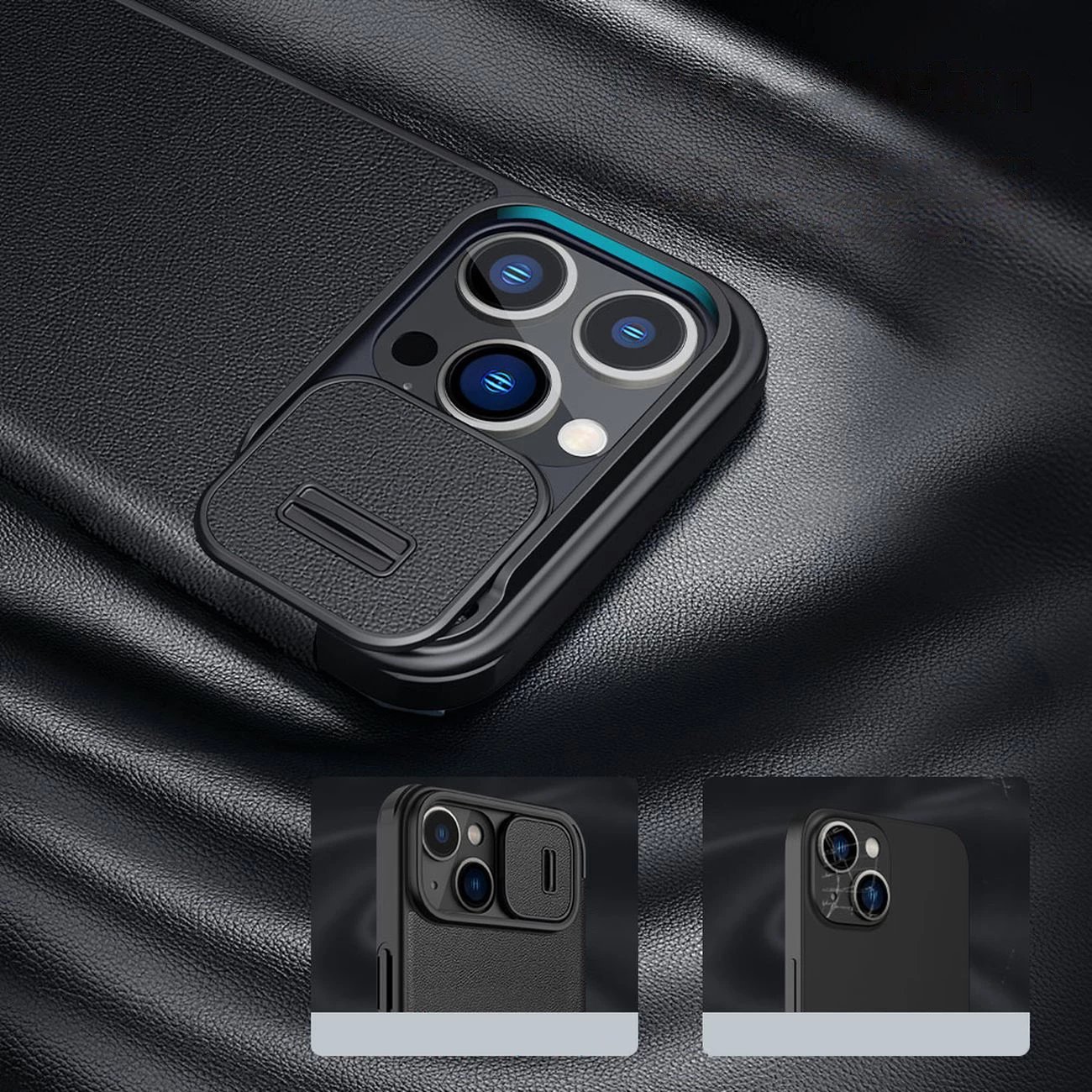 Mbështjellës Nillkin Qin Cloth Pro Case për iPhone 14 Pro Max, me kapak dhe mbulesë kamere, Blu