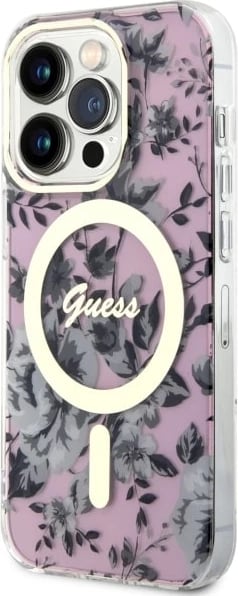 Mbështjellës Guess GUHMP14XHCFWSP për iPhone 14 Pro Max 6.7", Flower MagSafe, rozë