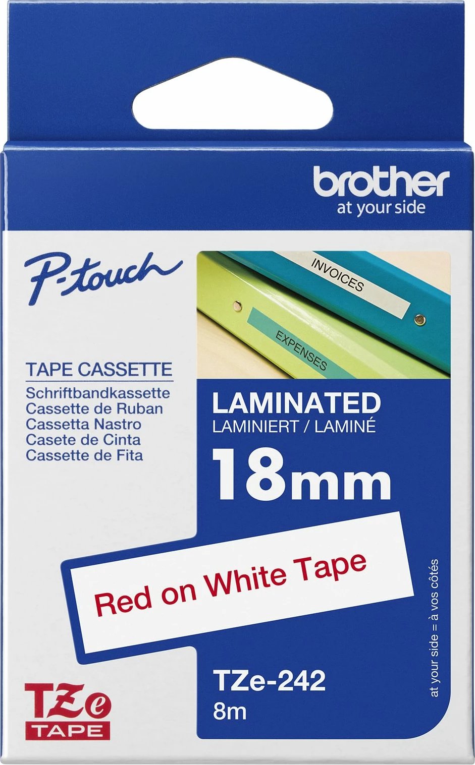 Kasetë etiketuese Brother TZe-242, 18mm, tekst i kuq në të bardhë, 8m