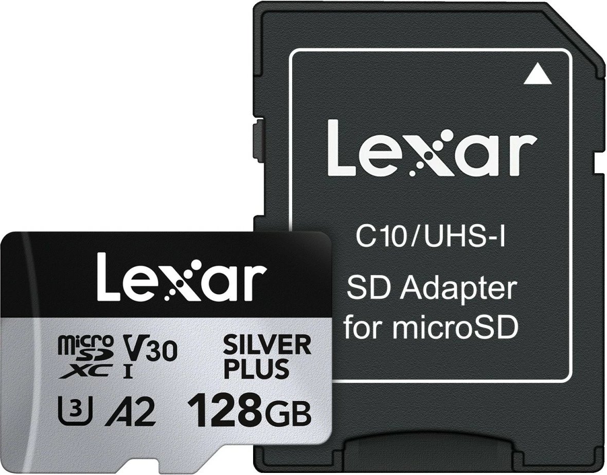 Kartë memorie microSD, Lexar, Silver Plus LMSSIPL128G-BNANG, 128GB UHS-I A2 U3 V30 205/150MB/s, me adaptues SD, argjendtë