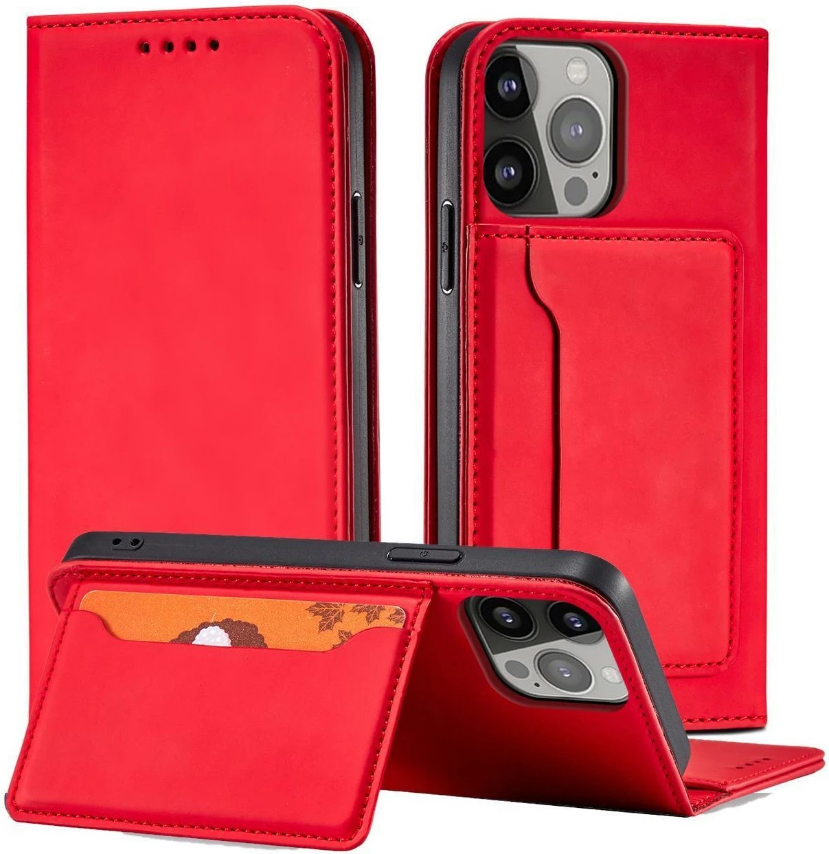 Mbështjellës Hurtel Magnet Card Case për Samsung Galaxy S23, me kapak, portofol dhe mbajtëse, Kuq