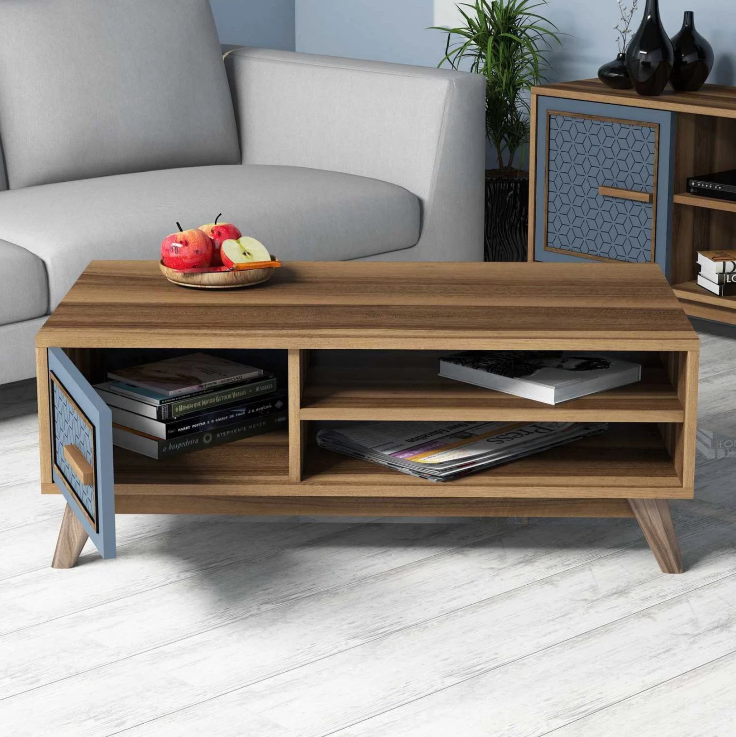 Tavolinë kafeje melamine, ngjyrë arre, me derë kabineti blu, FH9497.02, 105x60x38,2H cm