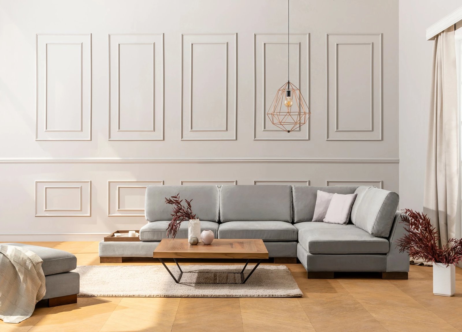 Këndare Atelier del Sofa Tulip, këndore e djathtë me pouf, ngjyrë gri e çelët