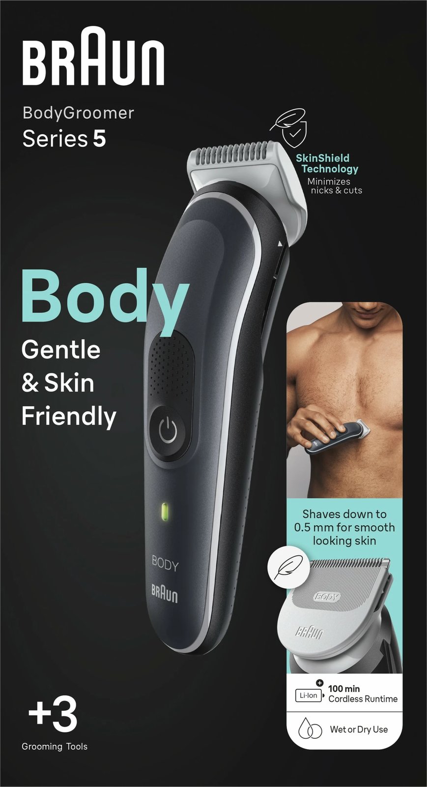 Body groomer Braun BG5350, SkinShield, 2 koka, Wet & Dry, zi, argjendtë