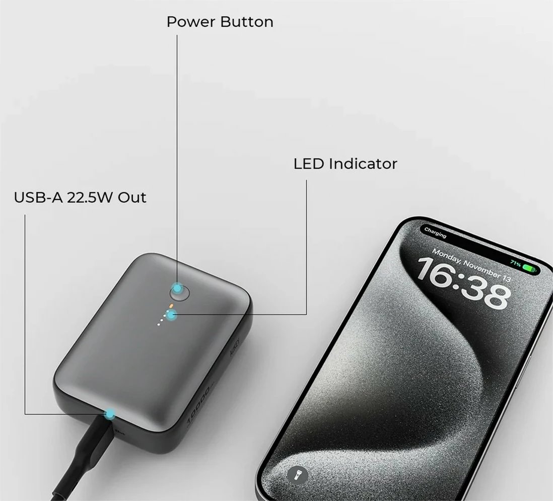 Power bank AUKEY PB-Y55, 10000mAh, 22.5W, 2xUSB, Gri