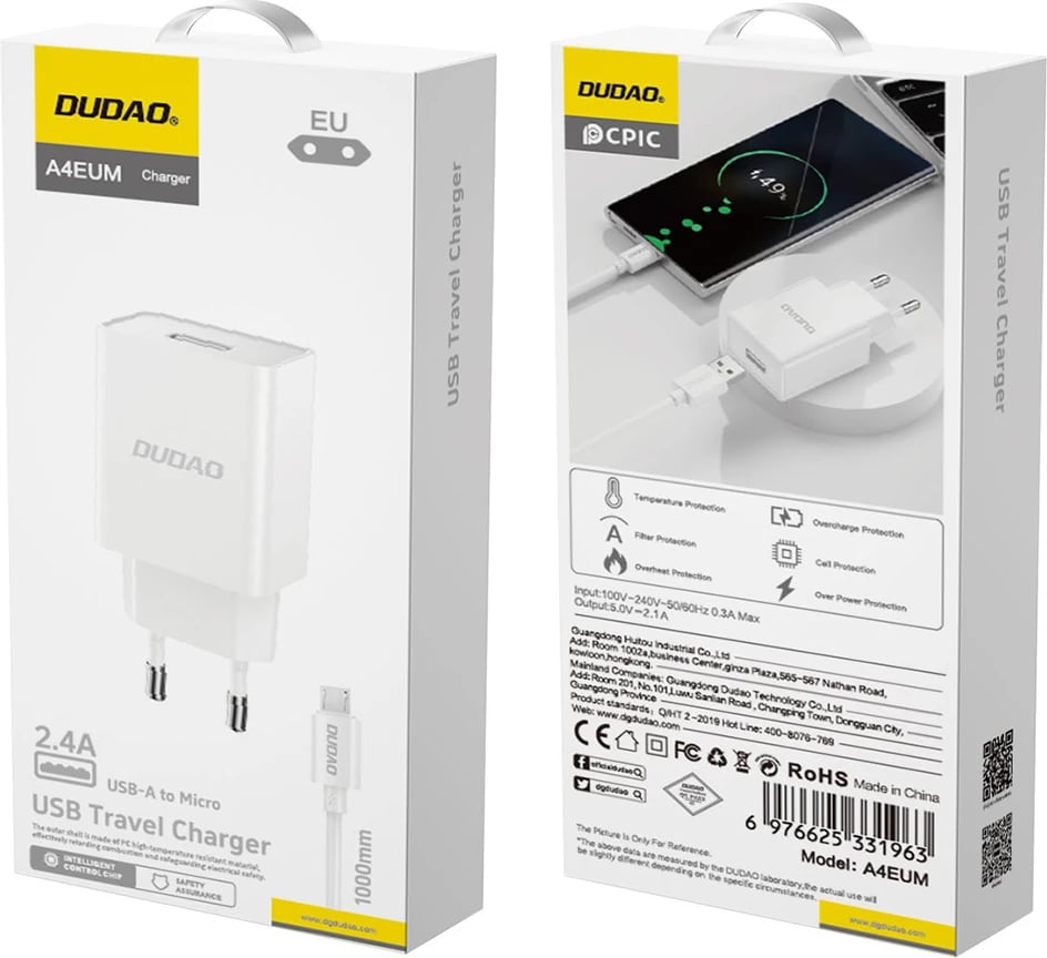Karikues muri Dudao A4EU me USB-A 2.1A, me kabllo USB-A në micro USB, Bardhë