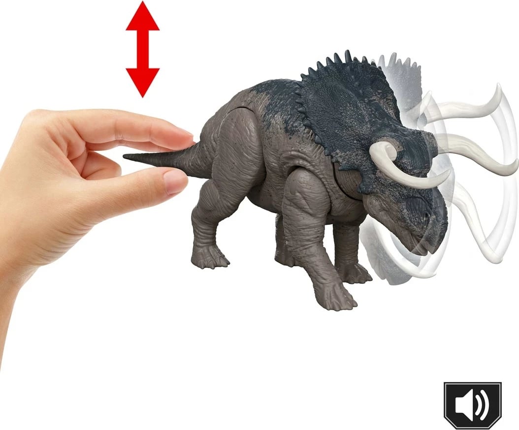 Lodër dinosauri MATTEL Jurassic World Rebirth Wild Roar Nasutoceratops, shumëngjyrëshe