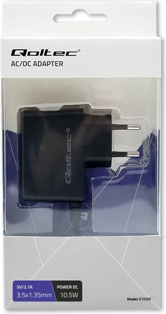 Adapter energjie Qoltec 51030, 10.5W, 5V, 2.1A, prizë 3.5x1.35 mm, i zi