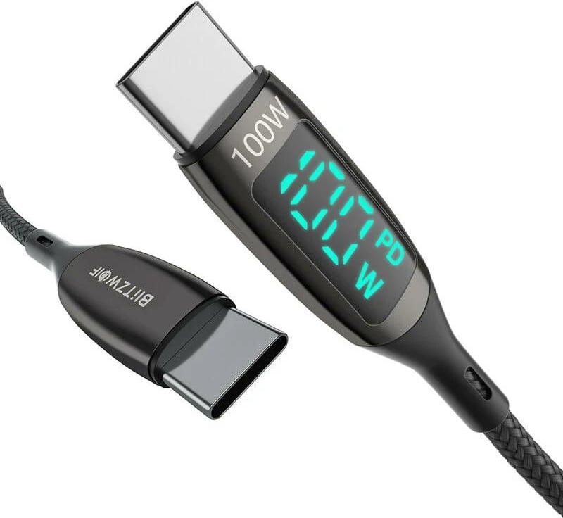 Kabllo USB-C në USB-C BlitzWolf BW-TC23, 1.8m, 100W, me ekran, e zezë