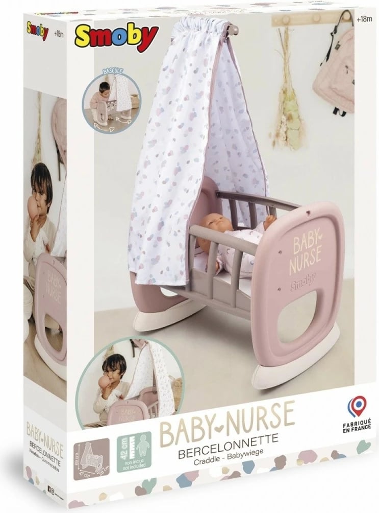 Djep lodër për kukulla Smoby Baby Nurse, 46.9x27.2x68.7 cm, Bezhe/Rozë e lehtë/Bardhë