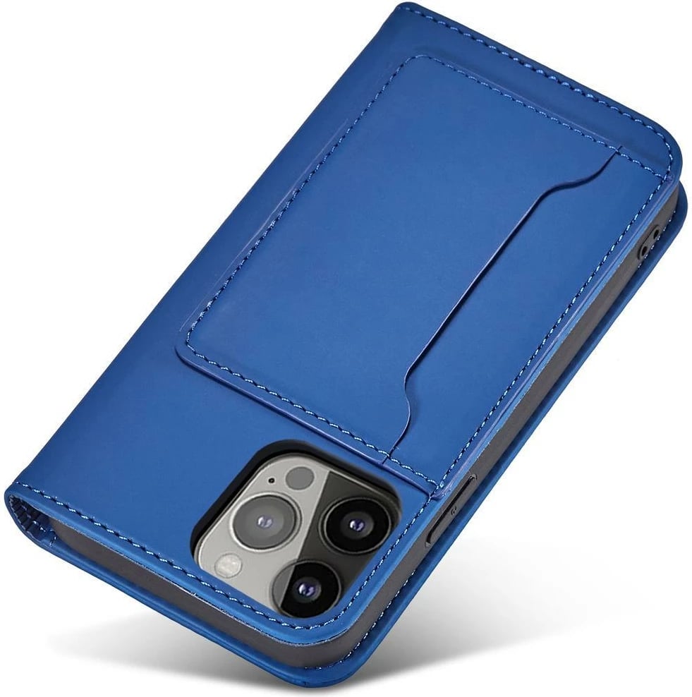Mbështjellës magnetik për kartela Hurtel për Samsung Galaxy S22 Ultra, me kapak, portofol, mbajtës, Kaltër