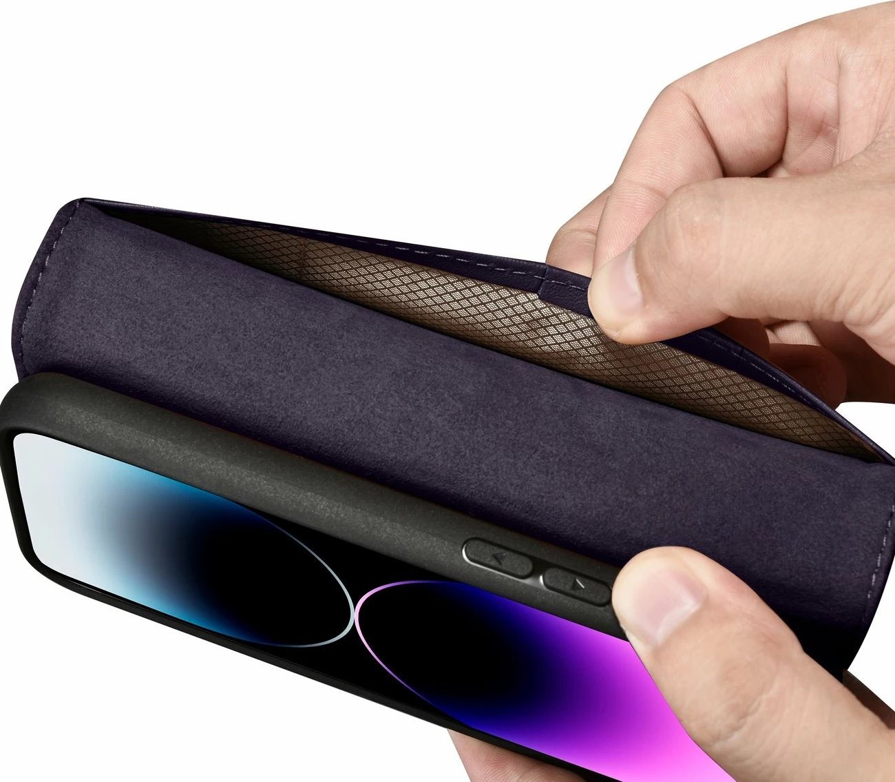 Mbështjellës iCarer Wallet Case 2in1 për iPhone 14 Pro, lëkurë natyrale, Anti-RFID, Vjollcë e errët