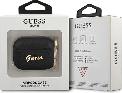 Mbështjellës Guess GUAPSASMK për AirPods Pro, Saffiano Script Metal Collection, i zi