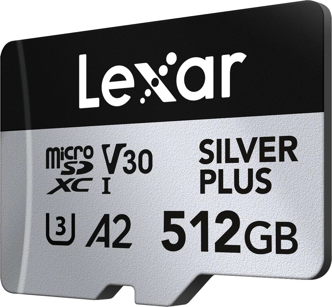 Kartë memorjeje microSD Lexar LMSSIPL512G-BNANG 512GB C10 A2 U3 V30 205/150MB/s Silver Plus, argjendtë, me adapter SD