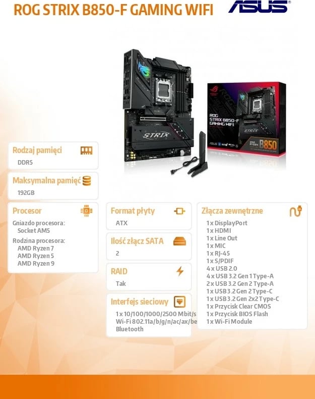 Pllakë amë Asus ROG STRIX B850-F GAMING WIFI, Socket AM5, ATX, e zezë