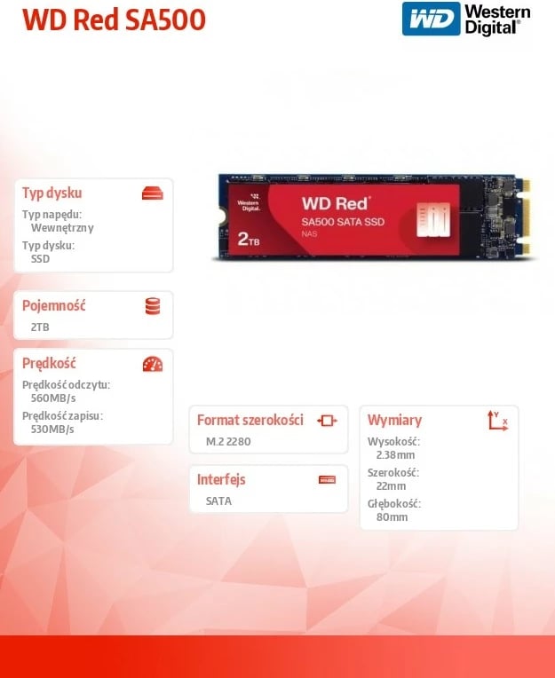 SSD Western Digital WD Red SA500, 2TB, M.2 2280, i kuq