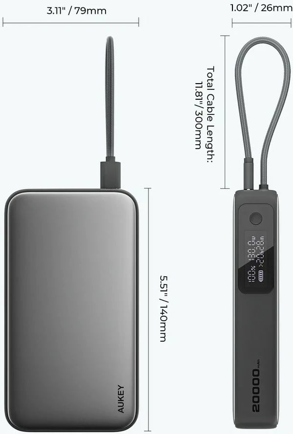 Power bank AUKEY PB-Y48 Spark Sling, 20000mAh, 130W, 4xUSB, LED, kabllo USB-C, Gri