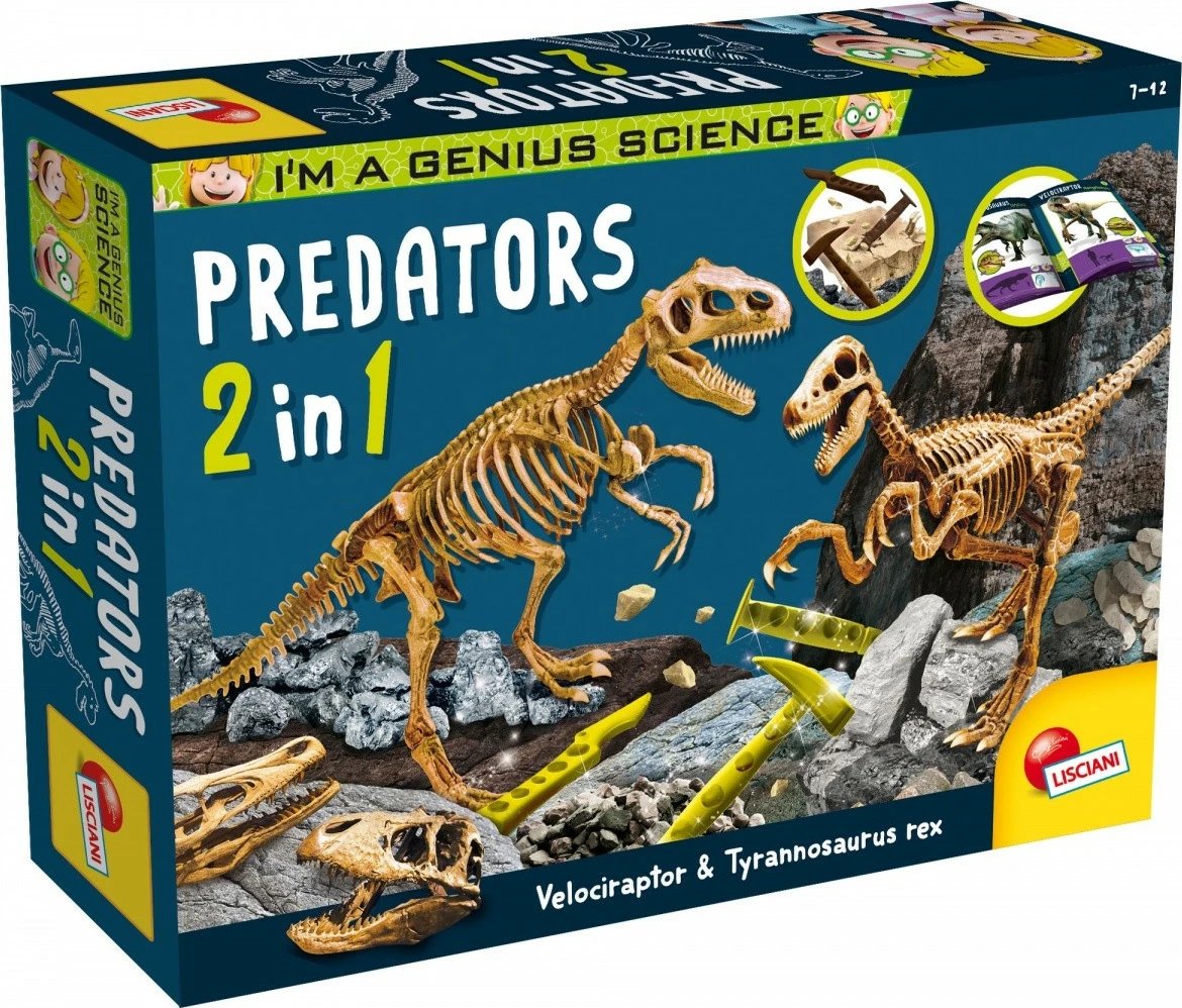 Set edukativ Lisciani I'm Genius Predators 2-in-1, skelete dinozaurësh, për fëmijë, pa bateri