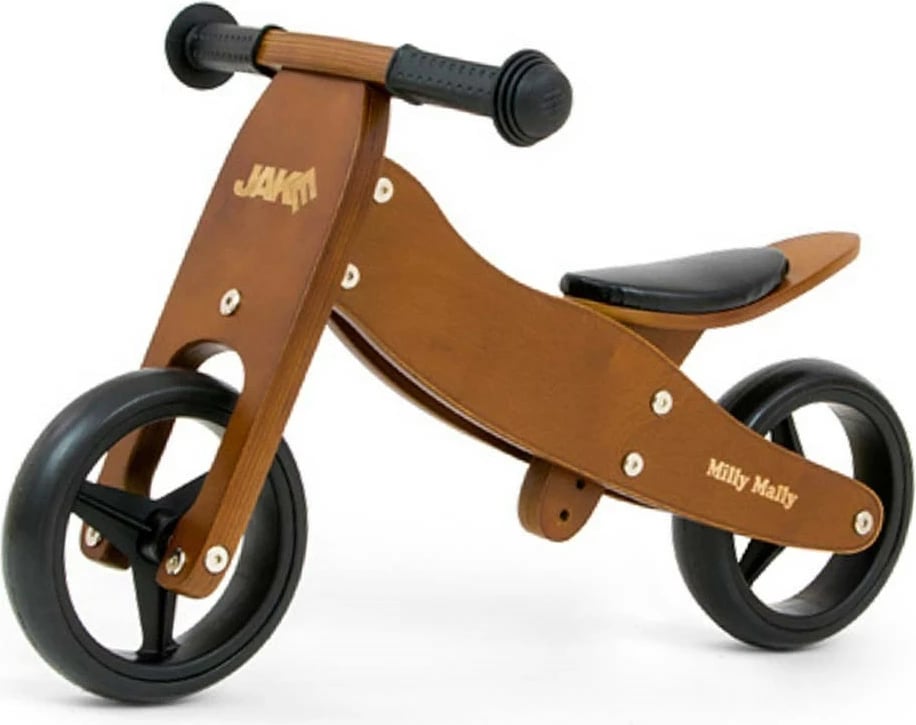 Bicikletë-balancë/tricikel druri 2-në-1, Milly Mally JAKE, rrota shkumë 7", ulëse e rregullueshme, deri 25 kg, Dark Natural kafe