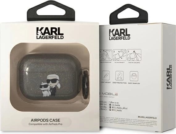Mbështjellës Karl Lagerfeld KLAPHNKCTGK për AirPods Pro, Glitter Karl&Choupette, i zi, me unazë