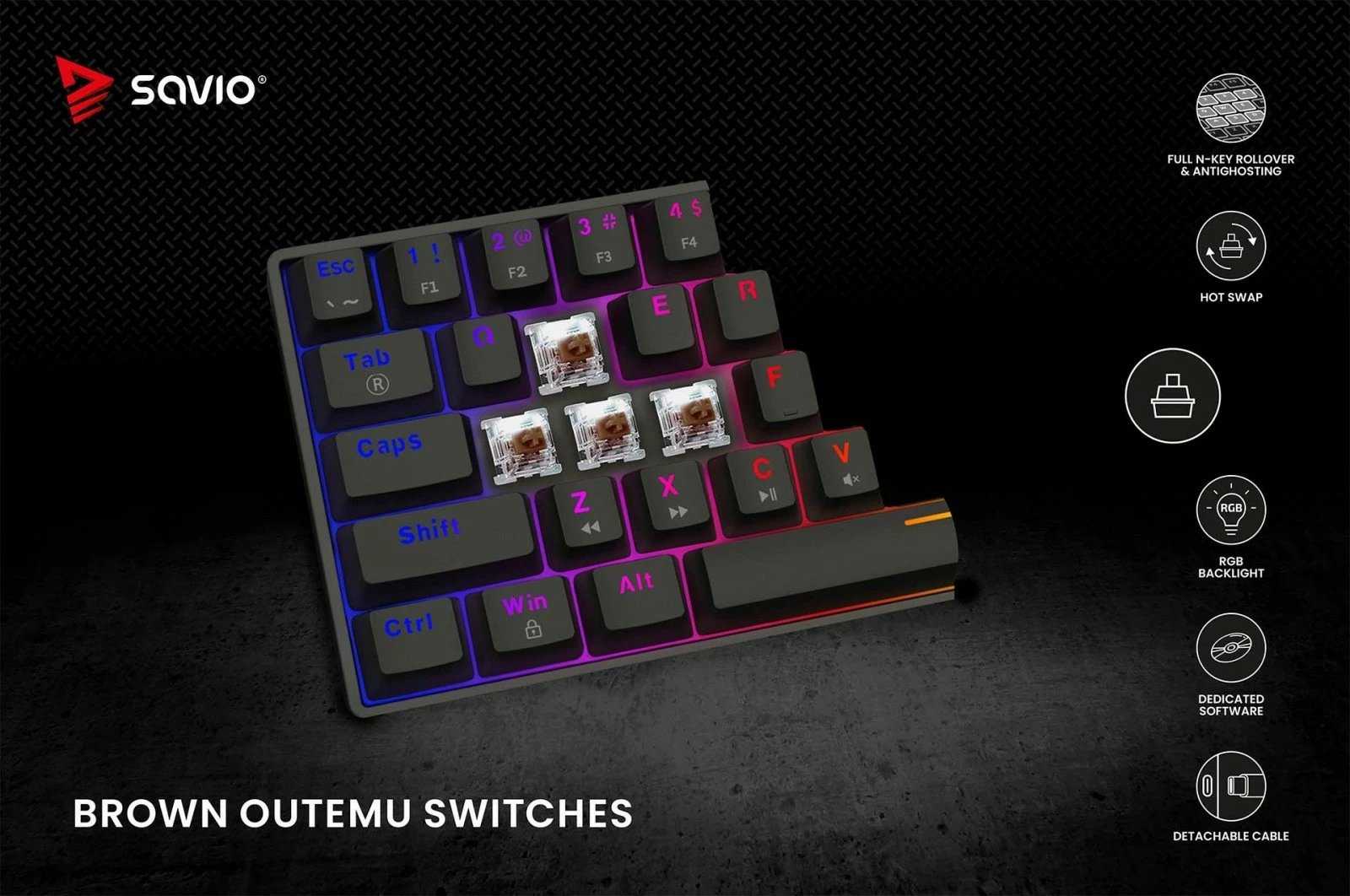 Tastierë mekanike Savio Blackout X2 OUTEMU Brown, 60%, ARGB, Hot Swap, e zezë