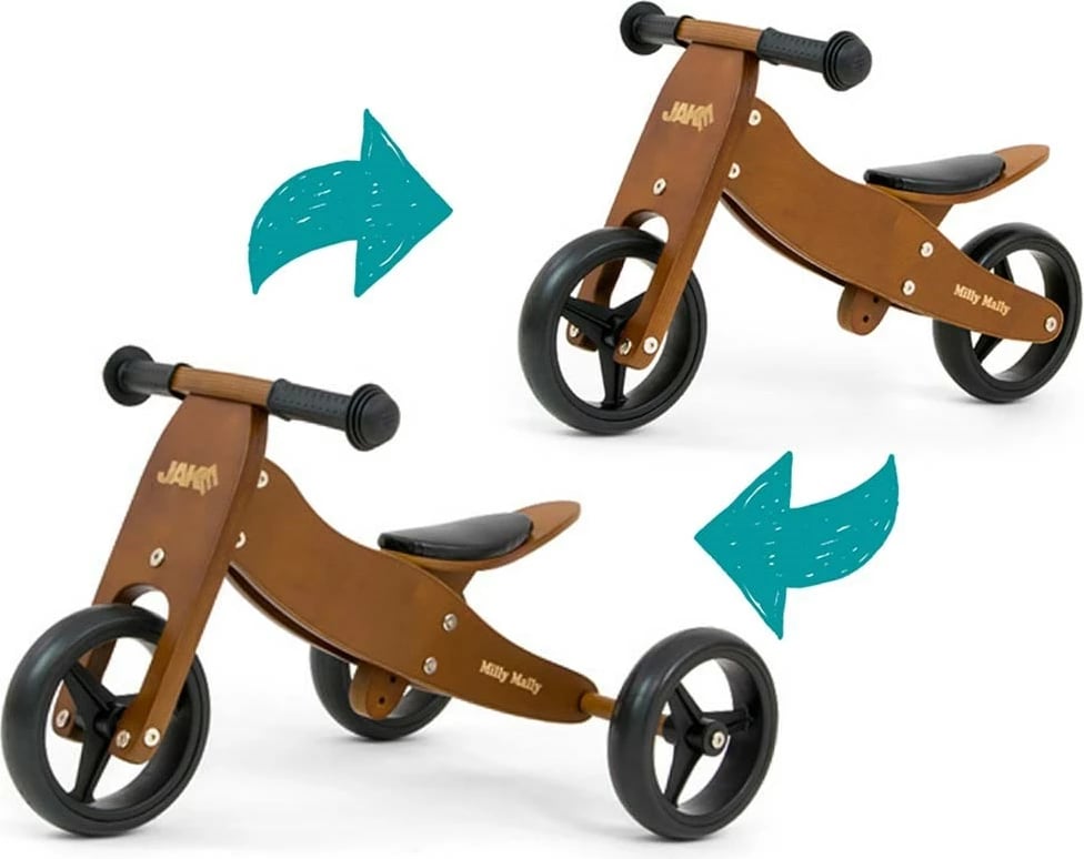 Bicikletë-balancë/tricikel druri 2-në-1, Milly Mally JAKE, rrota shkumë 7", ulëse e rregullueshme, deri 25 kg, Dark Natural kafe
