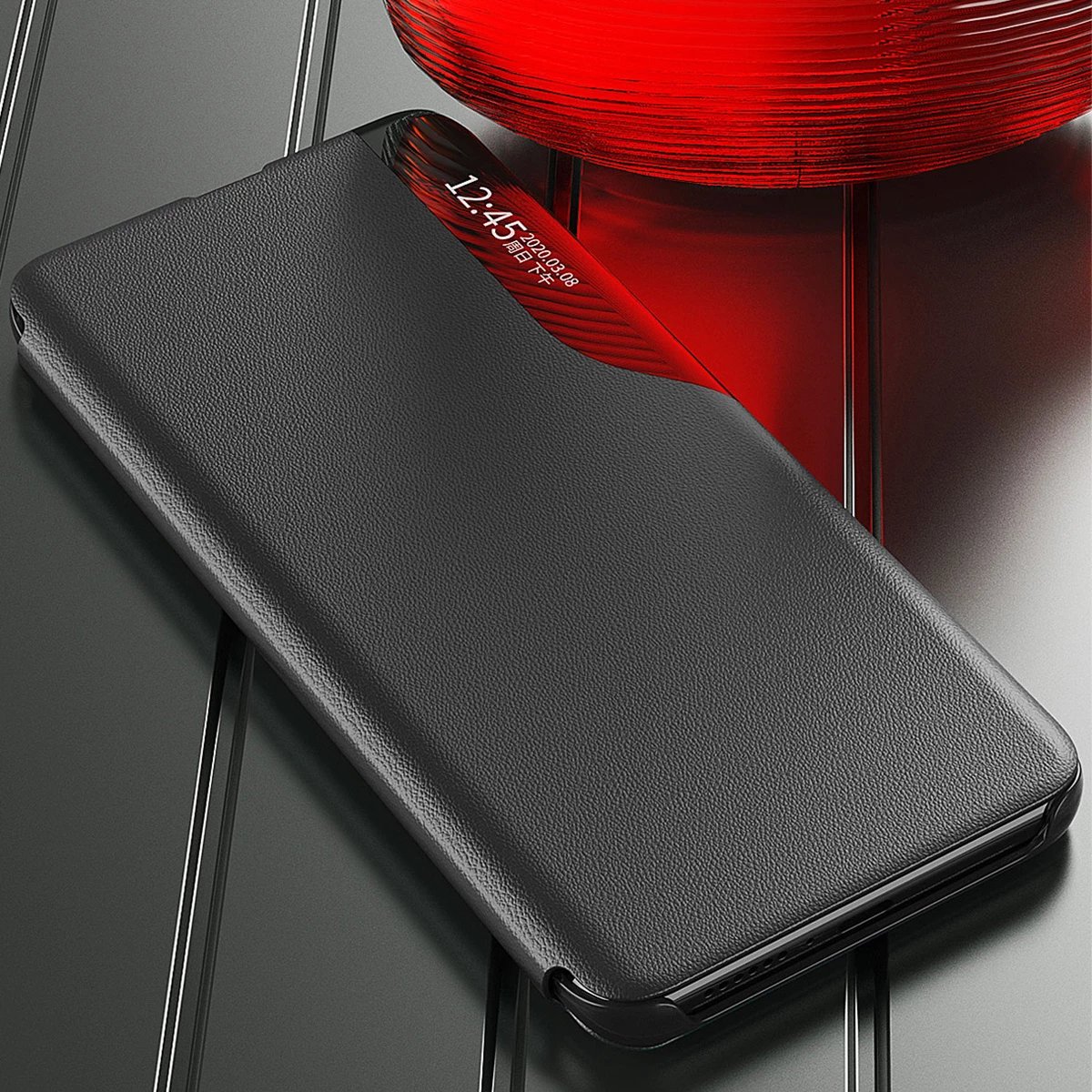 Mbështjellës Hurtel Eco Leather View Case për Samsung Galaxy A14, me kapak dhe qëndrim, i zi