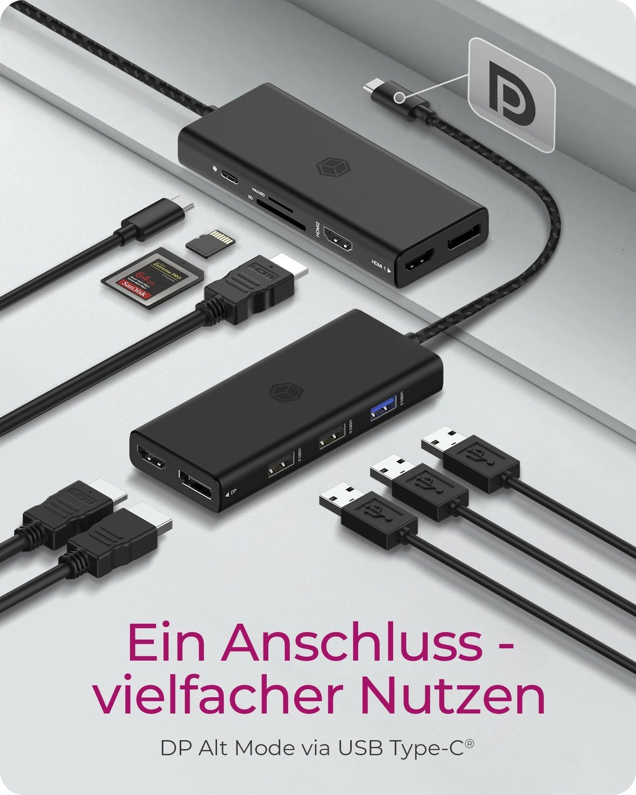 Docking station ICY BOX IB-DK4011-CPD, USB Type-C, HDMI, DisplayPort, MicroSD, e zezë