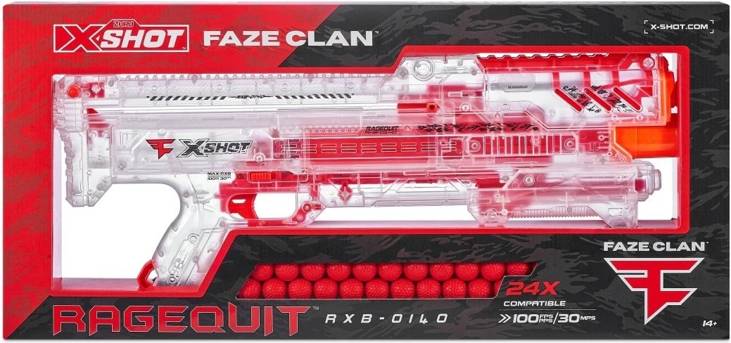 Blaster X-Shot FaZe Ragequit Round Launcher me 24 toptha, Transparent/Portokalli/E Kuqe