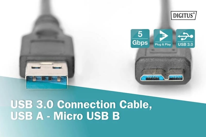 Kabllo USB Digitus AK-300117-003-S, USB 3.1 Gen 1, USB A në microUSB B, 0.25m, e zezë