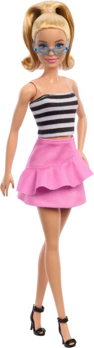 Kukull Barbie Fashionistas Mattel FBR37/HRH11, bluzë me vija të bardha e të zeza, fund rozë, syze dielli blu