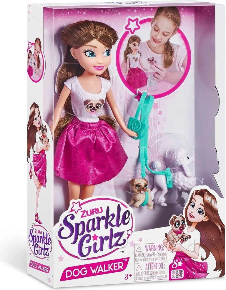 Set kukull Sparkle Girlz ZURU, 27 cm, me dy qenushë dhe litar shëtitje, për vajza