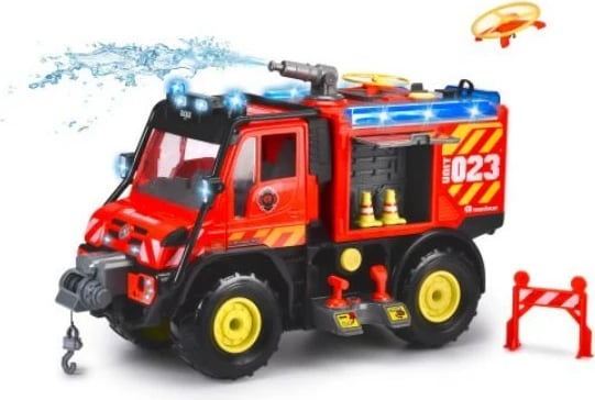 Lodër zjarrfikëse Mercedes-Benz Unimog U530 Dickie Toys, 50 cm, me drita e tinguj, e kuqe/zezë, set me 2 drone