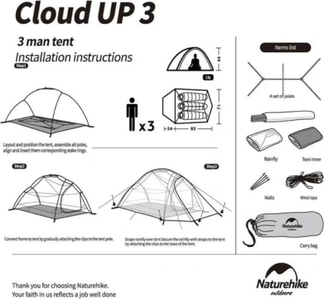 Tendë Naturehike Cloud UP 3 20D UPDATED NH18T030-T, Forest green