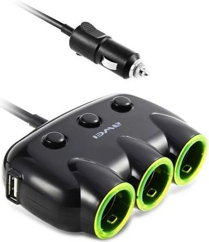Ndarës çakmaku për makinë AWEI C-3S, 2xUSB, 3 dalje çakmaku, i zi