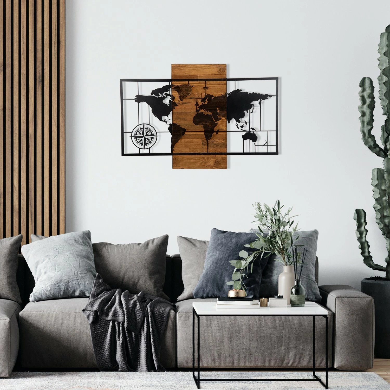 Aksesor dekorativ për mur, hartë bote me busull, ngjyrë e zezë dhe arre, 85x58cm
