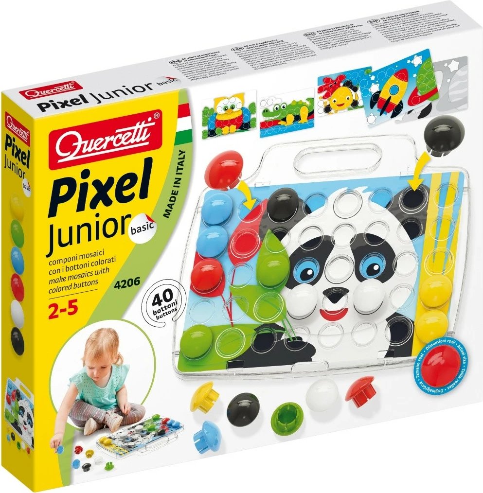 set mozaiku, Quercetti, Pixel Junior Basic 4206, 40 elemente, Ø32 mm, multingjyrësh