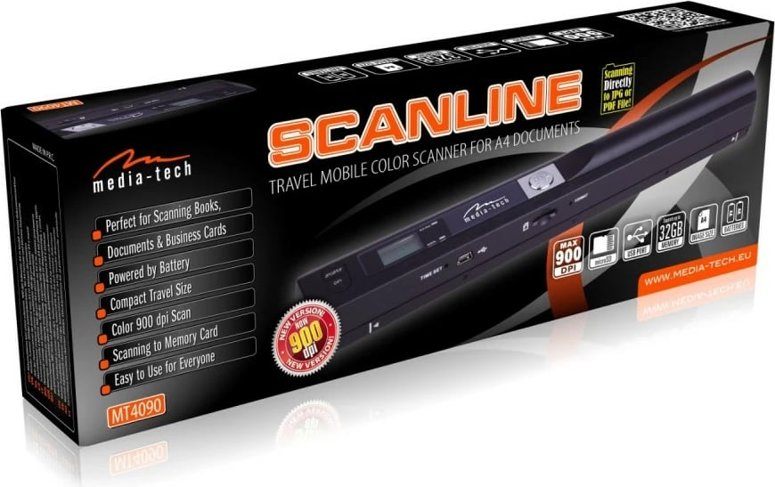 Skaner dore Media-Tech SCANLINE MT4090, portabël, skanim dokumentesh deri A4, 900 dpi, i zi