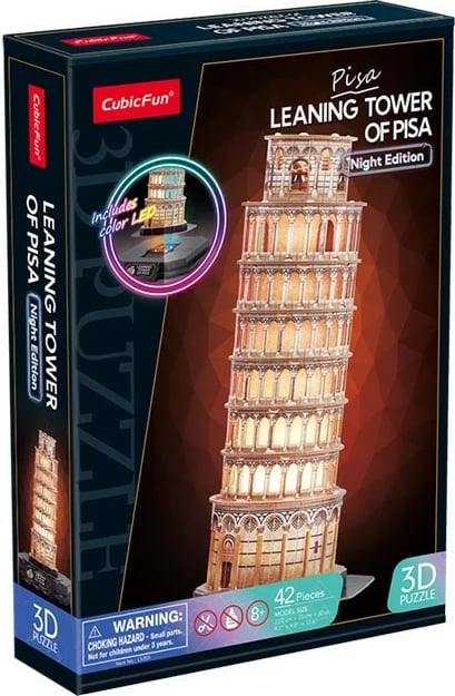 Puzzle 3D Cubic Fun Leaning Tower of Pisa Night Edition me LED, 42 pjesë