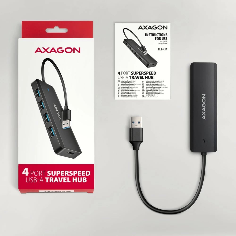 Kasë AXAGON HUE-C1A, 4 porta USB 5Gbps, USB-C Power IN, 19cm kabllo, E zezë